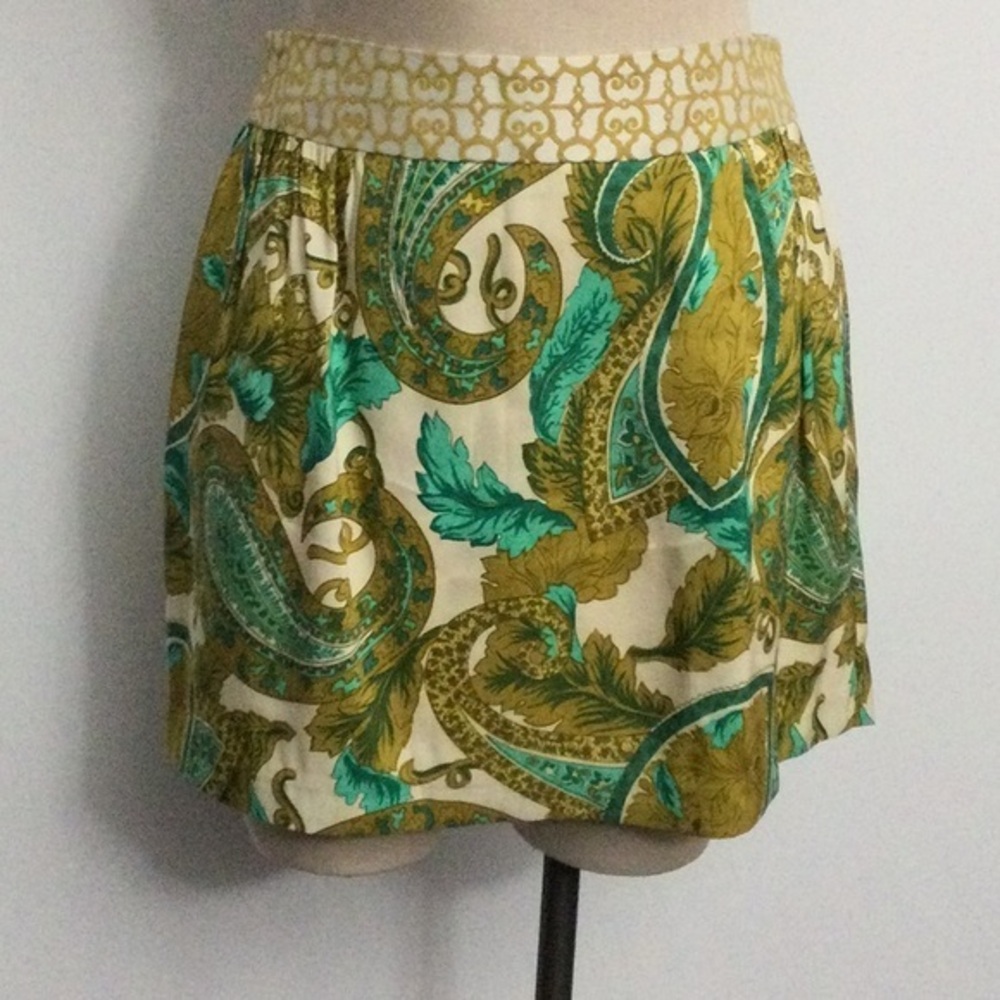 NWOT Milly Silk Paisley Mini Skirt Size 4 Cream Gold and Green
